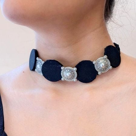 Oxidized Silver Fabric Choker In Black